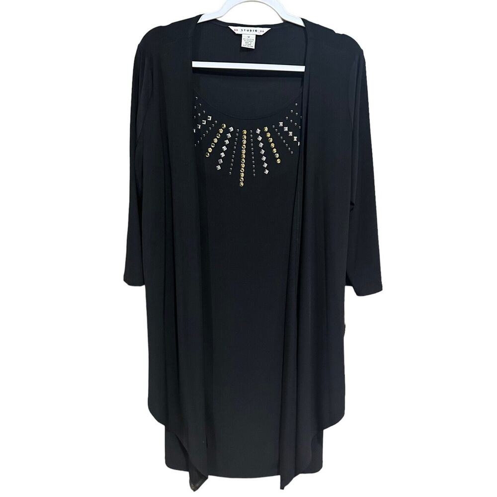 NWT AA STUDIO AA Black Embellished Front Stretch Cardigan Dress Women’s Size 12